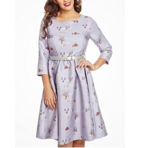 Lindy Bop Holly Retro Flare Dress Winter Scene Jacquard Size 10 50s Holiday